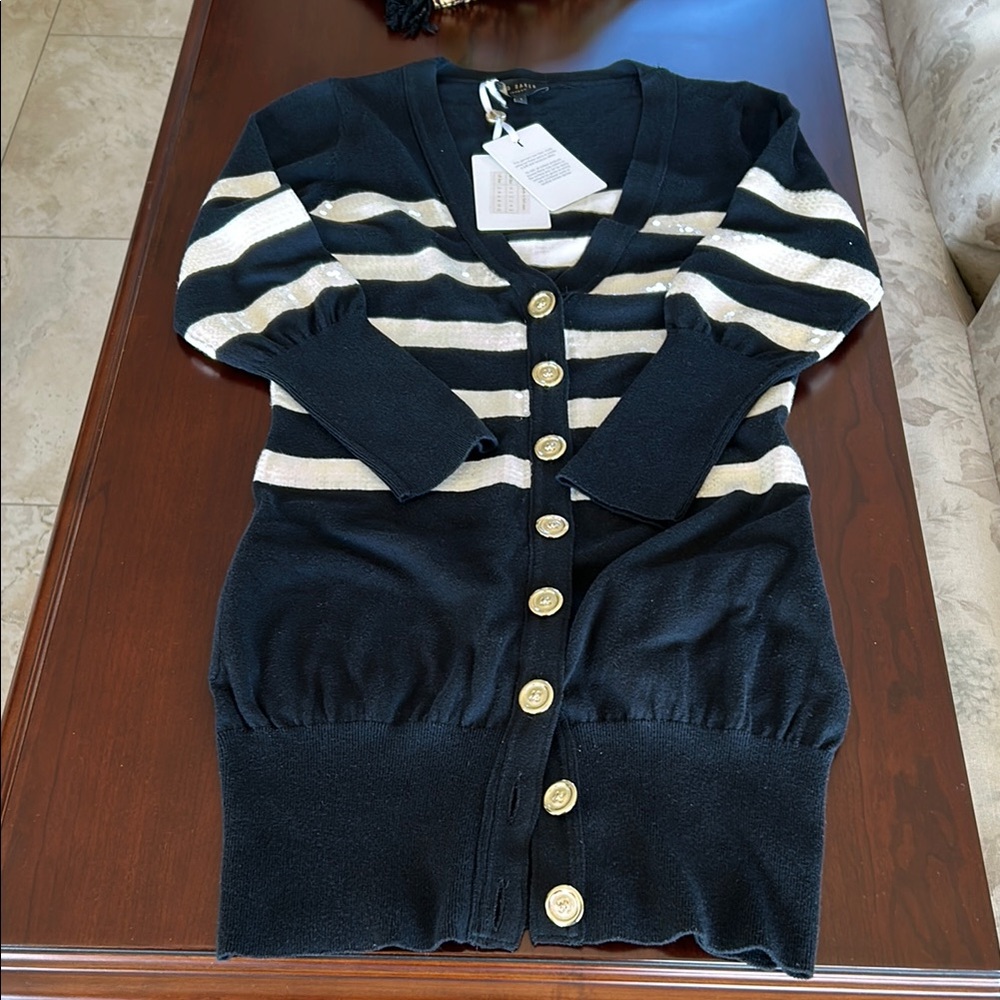 Black and Cream Long Cardigan Sweater with V-Neck